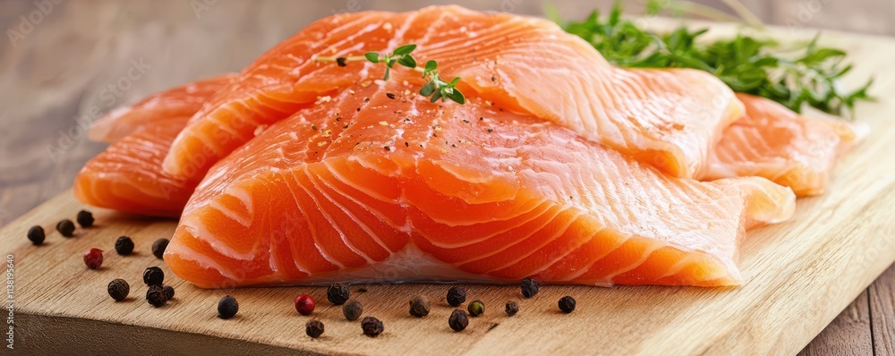 Fresh salmon fillets arranged on a wooden board, garnished with herbs and surrounded by peppercorns, showcasing vibrant colors and textures. Fresh salmon fillets arranged on a wooden board, garnished with herbs and surrounded by peppercorns, showcasing vibrant colors and textures.