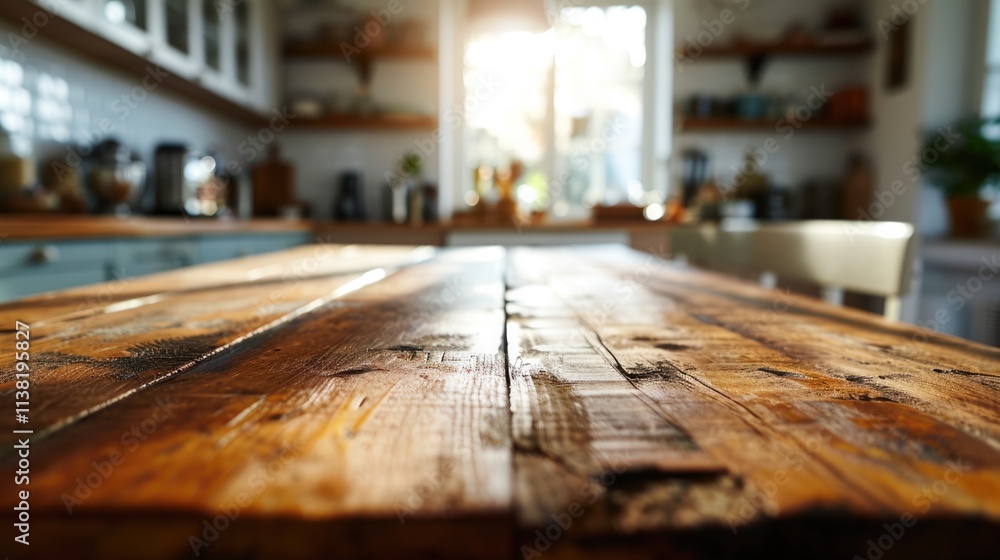 Morning Glow: Wood Tabletop Island in Kitchen Interior with Abstract Bokeh Background Morning Glow: Wood Tabletop Island in Kitchen Interior with Abstract Bokeh Background
