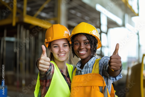 Portrait of happy caucasian and african women together on a construction site with thumb up