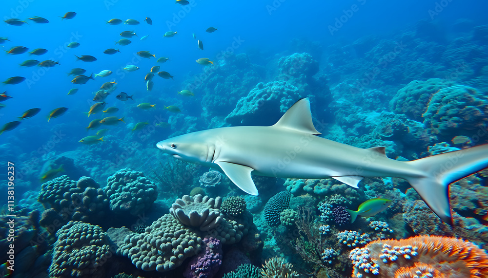 Obraz premium Graceful Reef Shark Swimming Amidst Darting Tropical Fish