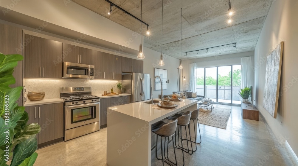 Modern kitchen, stainless steel appliances, island. Modern kitchen, stainless steel appliances, island.