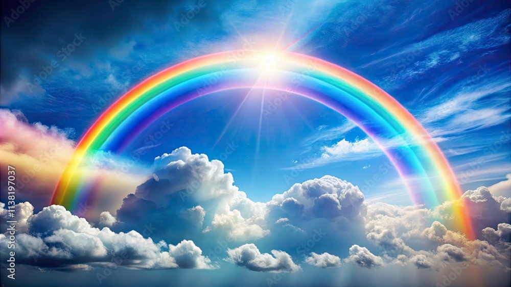 Vibrant Vector Rainbow and Clouds Illustration for Creative Projects, Featuring Colorful Arcs Against a Soft Sky Background, Ideal for Digital Art, Web Design, and Print Media Vibrant Vector Rainbow and Clouds Illustration for Creative Projects, Featuring Colorful Arcs Against a Soft Sky Background, Ideal for Digital Art, Web Design, and Print Media