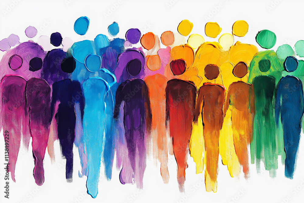Obraz premium Zero Discrimination Day banner card design. Colored silhouettes of people made with brushstrokes of paint