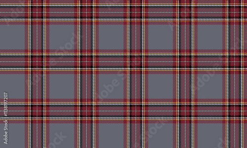 Plaid fabric pattern, grey, red, white, yellow, seamless for textiles, and for designing clothes, skirts or decorative fabrics. Vector illustration.