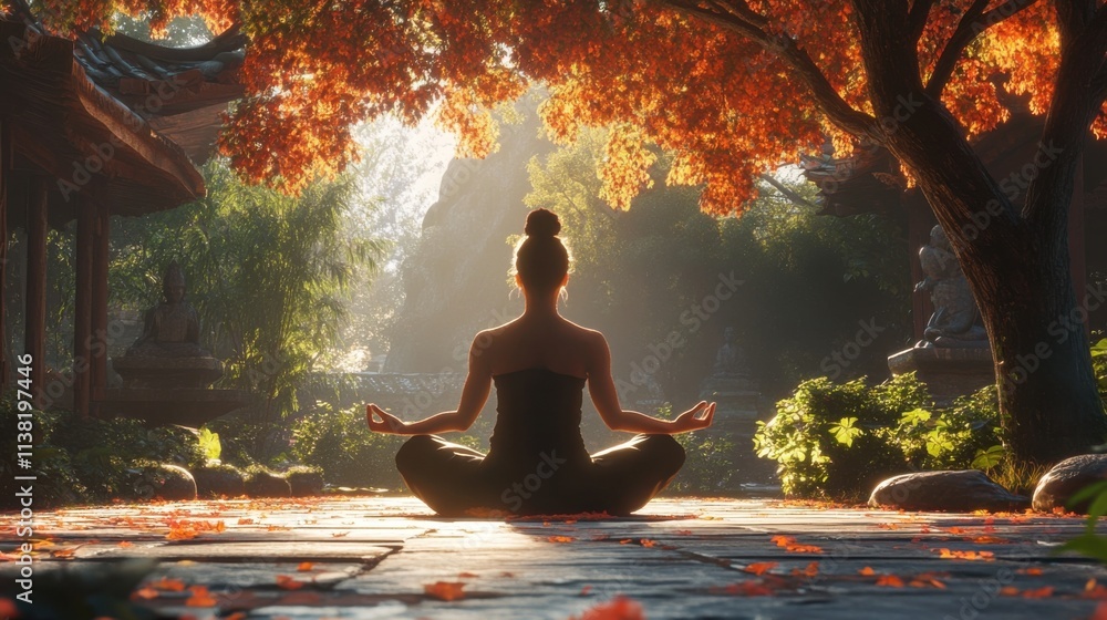 Woman meditating, autumn leaves, garden. Woman meditating, autumn leaves, garden.