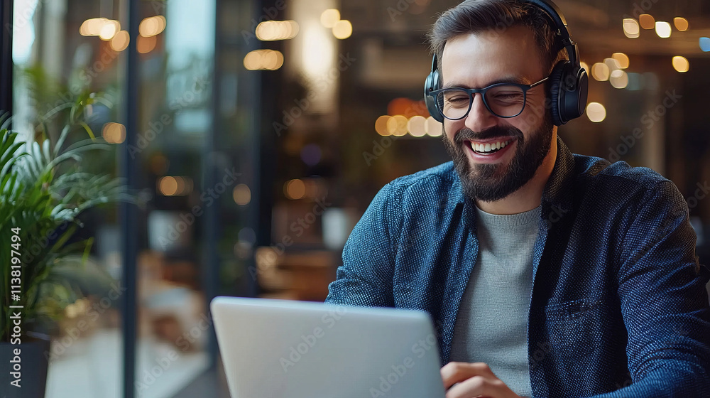 Fototapeta premium Smiling businessman wearing headphones during remote work session