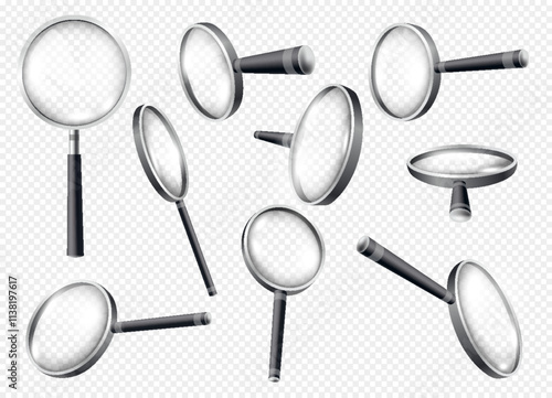 Magnifiying glass black set. Loupes for investigations and researching. Zoom equipment of different angles on copy space. Realistic isometric vector collection isolated on transparent background