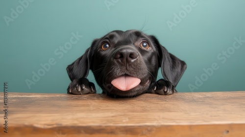 Cute black dog with a curious expression resting on a wooden surface. photo