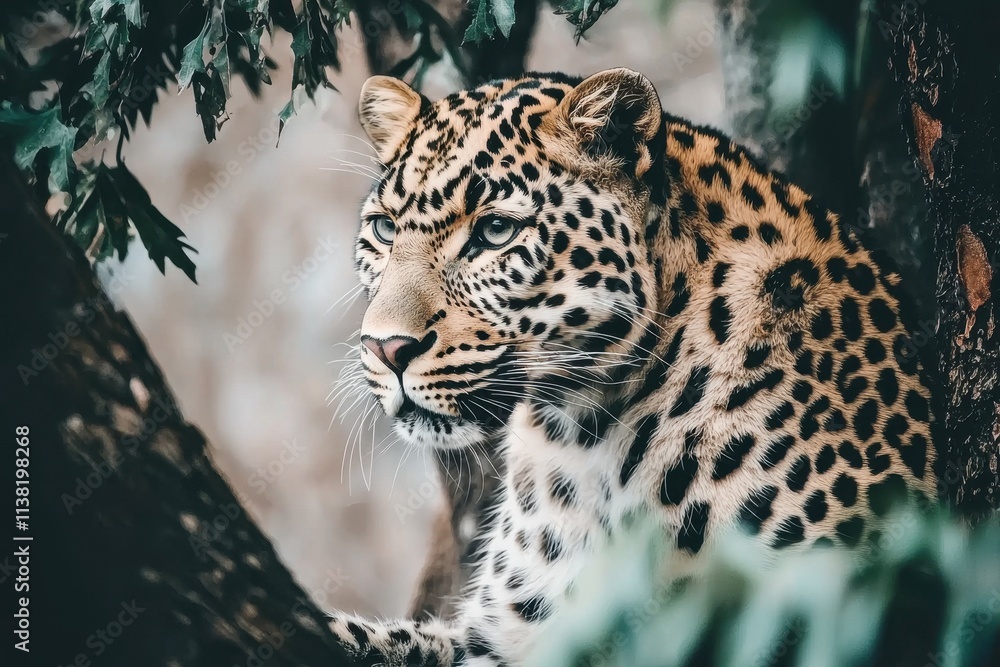 Naklejka premium A close-up of a leopard in a tree