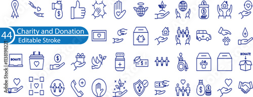 Icons Pack on Charity and Donations. Such Line Signs as Volunteering and Compassion, Philanthropy Contribution and Sponsorship. Vector Icons Set for Web and App.