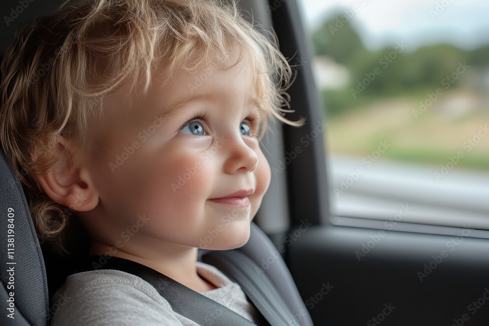 A content child with a smile sits comfortably in their car seat, gazing out the window, capturing the peace and joy of a family adventure and the beauty of simple moments. A content child with a smile sits comfortably in their car seat, gazing out the window, capturing the peace and joy of a family adventure and the beauty of simple moments.