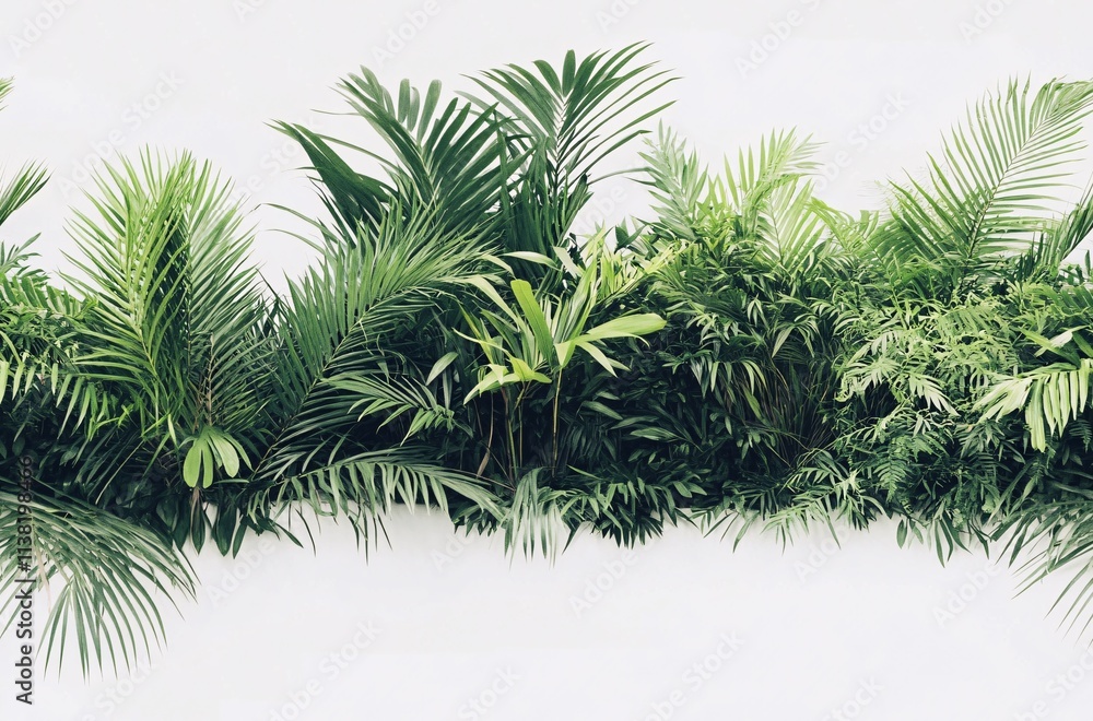 A lush green tropical foliage outdoor plants, ferns, broad leaves greenery species on white background horizontal tile A lush green tropical foliage outdoor plants, ferns, broad leaves greenery species on white background horizontal tile