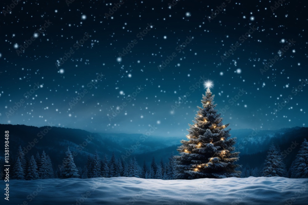 Enchanting christmas tree illuminated by a shining star in a serene snowy night landscape Enchanting christmas tree illuminated by a shining star in a serene snowy night landscape