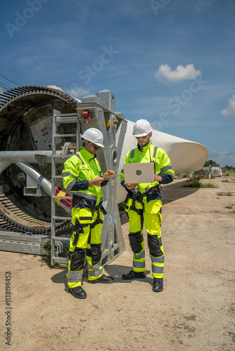 electric engineer or technician employed for inspection, maintenance, and repair of wind turbines for clean, sustainable energy and green ecological power concepts.alternative renewable wind energy .