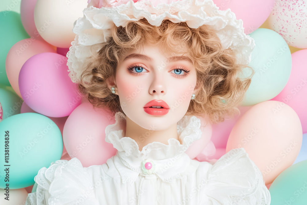 A young woman with curly hair and soft makeup stands by colorful balloons, exuding charm and innocence A young woman with curly hair and soft makeup stands by colorful balloons, exuding charm and innocence