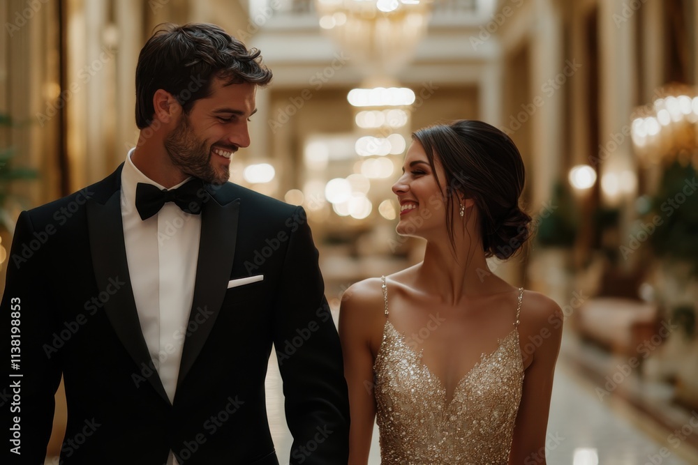 A stylish couple in formal attire walks hand-in-hand through a grand indoor space, exuding elegance and joy, perfect for capturing romantic moments at events. A stylish couple in formal attire walks hand-in-hand through a grand indoor space, exuding elegance and joy, perfect for capturing romantic moments at events.
