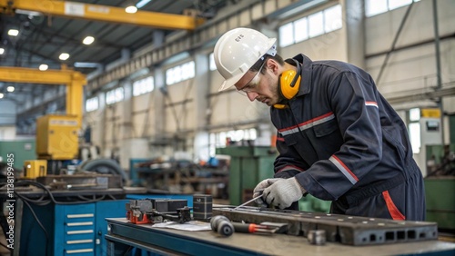 Industry maintenance engineer in uniform and hard hat working at factory station 