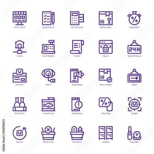 Techy Shopping icon pack for your website, mobile, presentation, and logo design. Techy Shopping icon basic line gradient design. Vector graphics illustration and editable stroke.