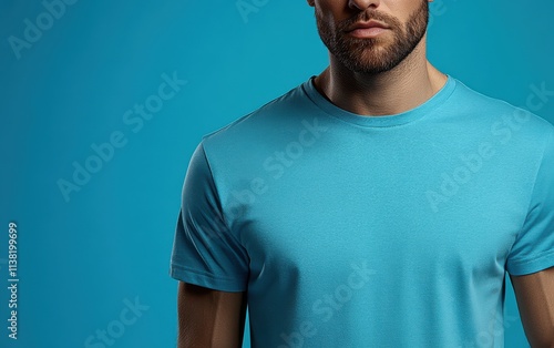 A man is wearing a blue blank shirt for design