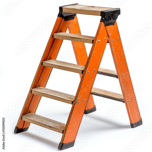 An orange step ladder with wooden steps, designed for reaching elevated spaces safely and efficiently.