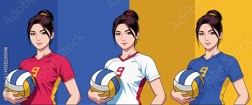 Vector illustration three sets a female athlete volleyball player 