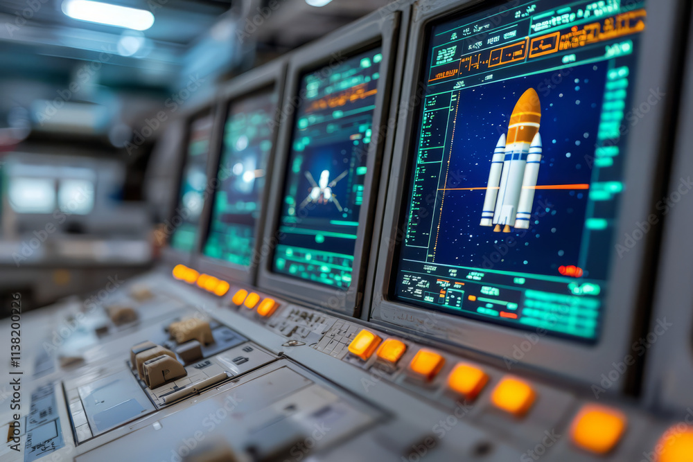 Control room with screens displaying rocket launch simulations and data Control room with screens displaying rocket launch simulations and data