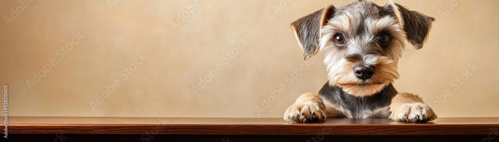 Cute dog looking curiously from a wooden surface, showcasing its adorable expression. Cute dog looking curiously from a wooden surface, showcasing its adorable expression.