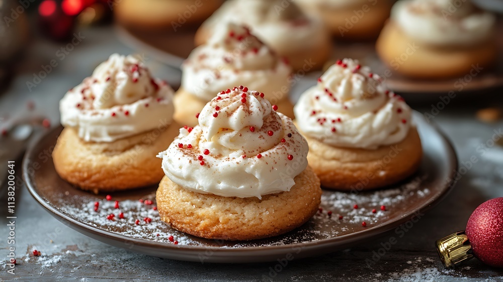 Christmas Cookies with Frosting and Sugar Sprinkles on Plate Christmas Cookies with Frosting and Sugar Sprinkles on Plate