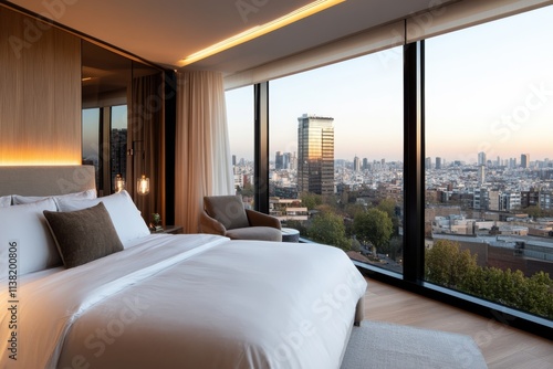 Fototapeta Naklejka Na Ścianę i Meble -  This image showcases a modern bedroom featuring large windows that offer a breathtaking view of a vibrant city skyline during sunset, exuding luxury and elegance.