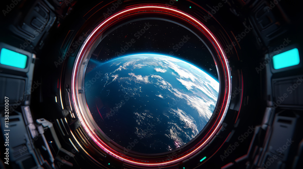 stunning view of Earth from space station window, showcasing vibrant colors and details stunning view of Earth from space station window, showcasing vibrant colors and details