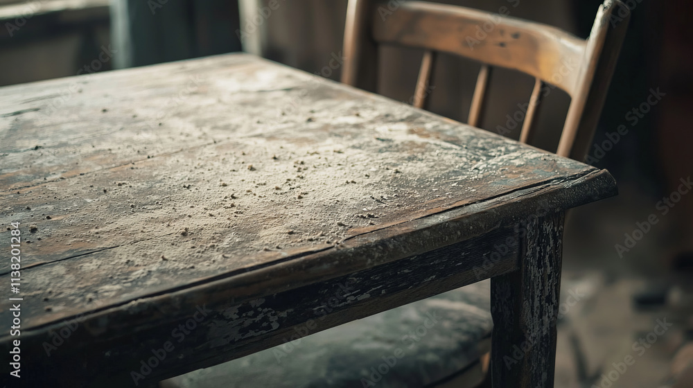 Old wooden table covered in dust creates a rustic vintage atmosphere Old wooden table covered in dust creates a rustic vintage atmosphere