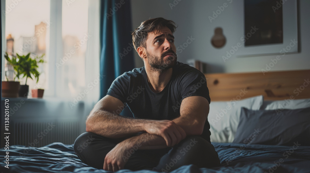 Anxious man sitting on bed at home in natural daylight Anxious man sitting on bed at home in natural daylight