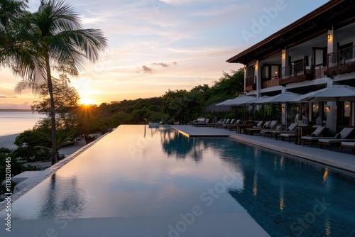 An elegant view of a stunning sunset over a luxury resort's pool, flanked by palm trees and lounge chairs, creating a perfect atmosphere for relaxation and leisure.