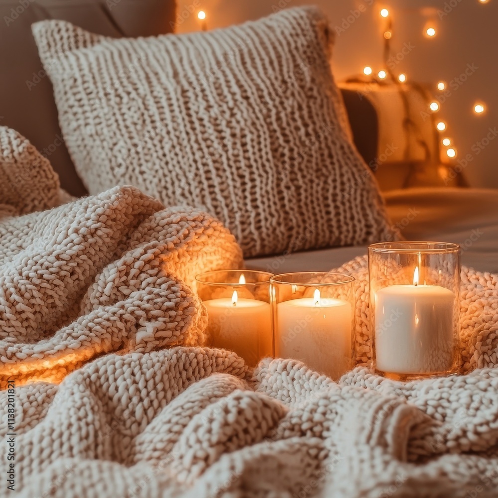 Cozy Knit Blanket and Candles Evening Ambiance Cozy Knit Blanket and Candles Evening Ambiance
