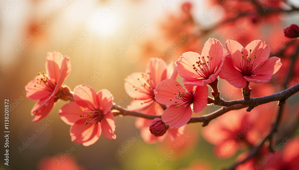 Cherry blossoms in full bloom under golden sunlight. Cherry blossoms in full bloom under golden sunlight.