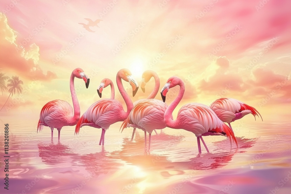 Naklejka premium A colorful scene of a flock of flamingos standing in the shallow waters of a lake