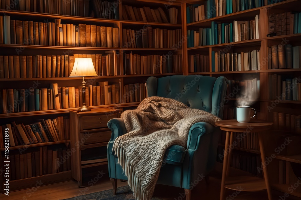 Cozy library corner inviting reading and relaxation with steaming coffee Cozy library corner inviting reading and relaxation with steaming coffee