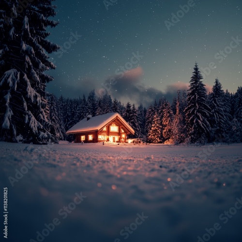 Cozy illuminated cabin nestled in a snowy forest at night under a starry sky.