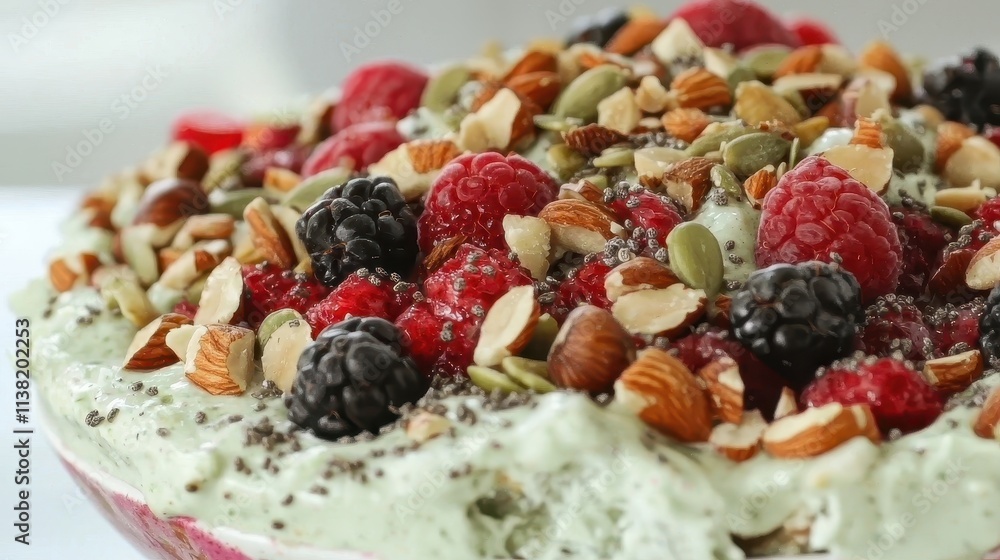 A close-up of a colorful smoothie bowl topped with fresh fruits, nuts, and seeds. The vibrant and healthy dish is perfect for food, wellness, and healthy lifestyle content. A close-up of a colorful smoothie bowl topped with fresh fruits, nuts, and seeds. The vibrant and healthy dish is perfect for food, wellness, and healthy lifestyle content.