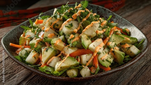 A close-up of a delicious salad with fresh vegetables, avocado, and dressing, placed on a rustic wooden table. The bright colors and healthy ingredients are perfect for food photography and 