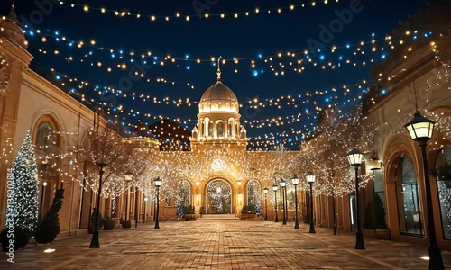 Enchanting Night at the Illuminated City Center Dazzling with Festive Lights. Eid Mubarak