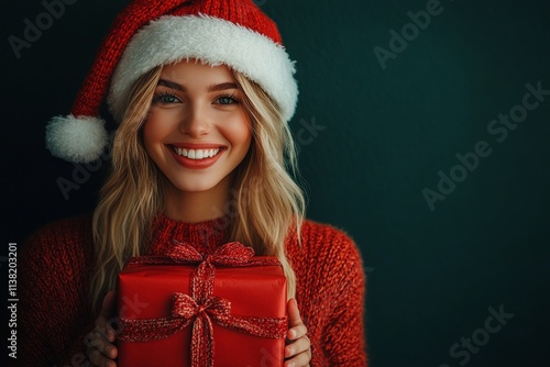 Isolated white white young woman in red xmas hat with wrapped box in hands, on green background. Copyspace. Christmas gift box. Santa hat smile. Kid santa photo. Professional santa decorat. photo