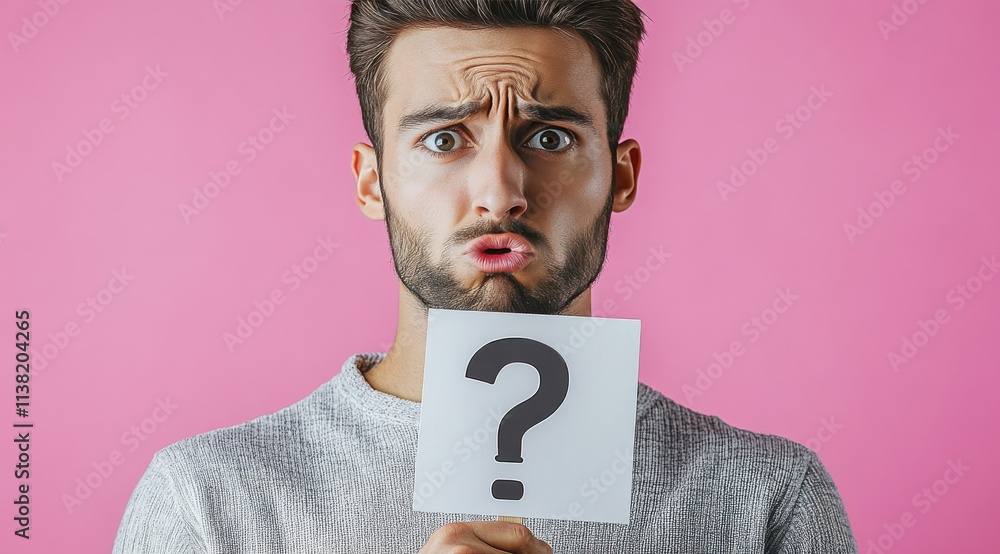 A man in a suit holding a pink paper with a question mark on it A man in a suit holding a pink paper with a question mark on it