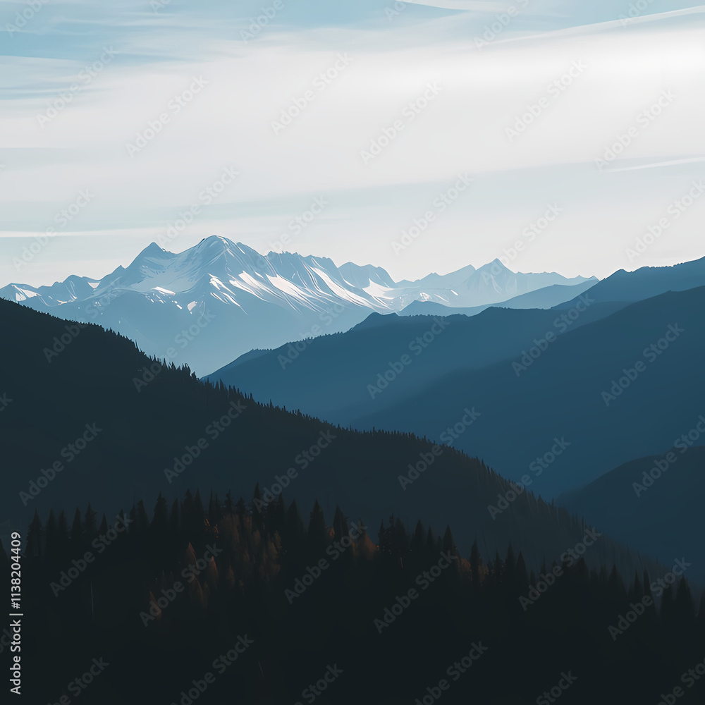 Fototapeta premium Scenic View of Mountain Range with Snowy Peaks at Sunset