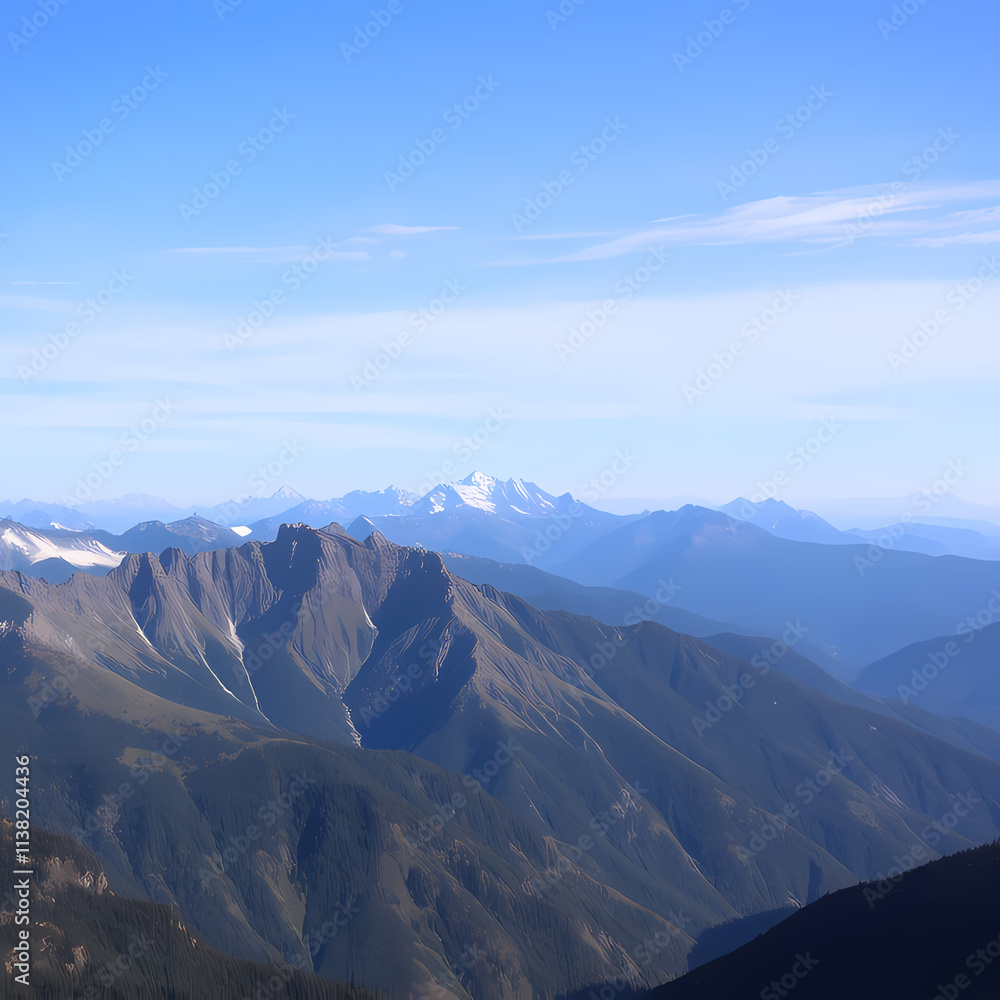 Scenic View of Mountain Range with Snowy Peaks at Sunset Scenic View of Mountain Range with Snowy Peaks at Sunset