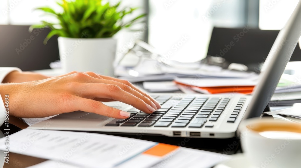 A close-up of a professional hand typing on a laptop keyboard in a modern office, with papers and a cup of coffee nearby. The clean, organized workspace symbolizes productivity and focus. A close-up of a professional hand typing on a laptop keyboard in a modern office, with papers and a cup of coffee nearby. The clean, organized workspace symbolizes productivity and focus.