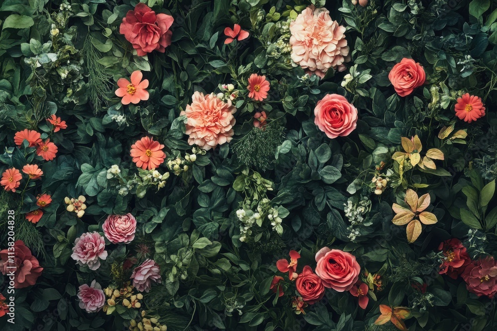 A vibrant floral wall, bursting with pink and coral blossoms. A vibrant floral wall, bursting with pink and coral blossoms.