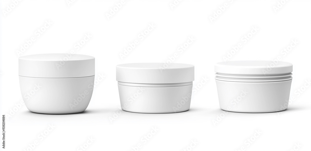 White plastic cosmetic jars and containers set isolated on a white background White plastic cosmetic jars and containers set isolated on a white background