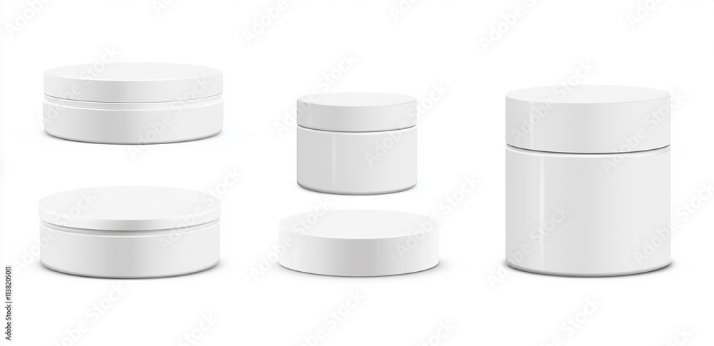 White plastic cosmetic jars and containers set isolated on a white background White plastic cosmetic jars and containers set isolated on a white background