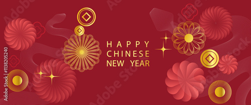 Chinese New Year 2025 modern art design in red,gold and white colors of snake.Year of snake,lunar Chinese 2025 banner template design zodiac snakes,gold flowers symbol background for poster,banner